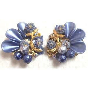 Vtg 1950s Glamorous Hollywood Celluloid Floral Statement Blue Clip On Earrings